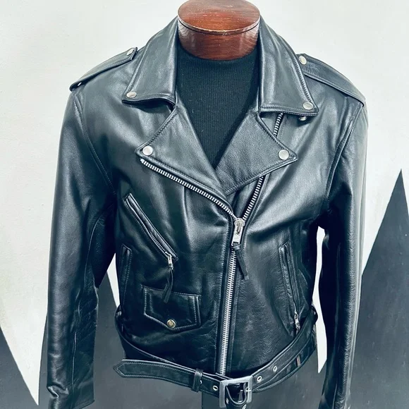 Wilsons Leather Black Moto Jacket w/ Harley Davidson eagle patch